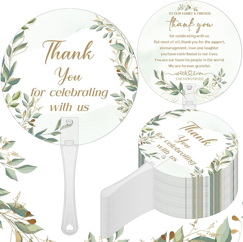 CroBlissful 100 abanicos de mano de boda para invitados a granel, de mano, hoja | Gracias por celebrar con nosotros, abanicos de recuerdo de boda, decoración de fiesta de despedida de soltera de ceremonia de plástico, abanicos de mango para invitados