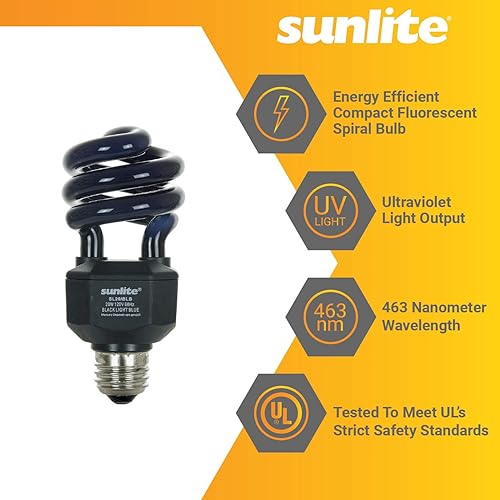 Miniatura 4 de Sunlite 05645-SU CFL - Bombilla negra (BLB), perfecta para Halloween, luz negra en espiral, 20 vatios, 120 voltios, base media (E26), 463 nm,