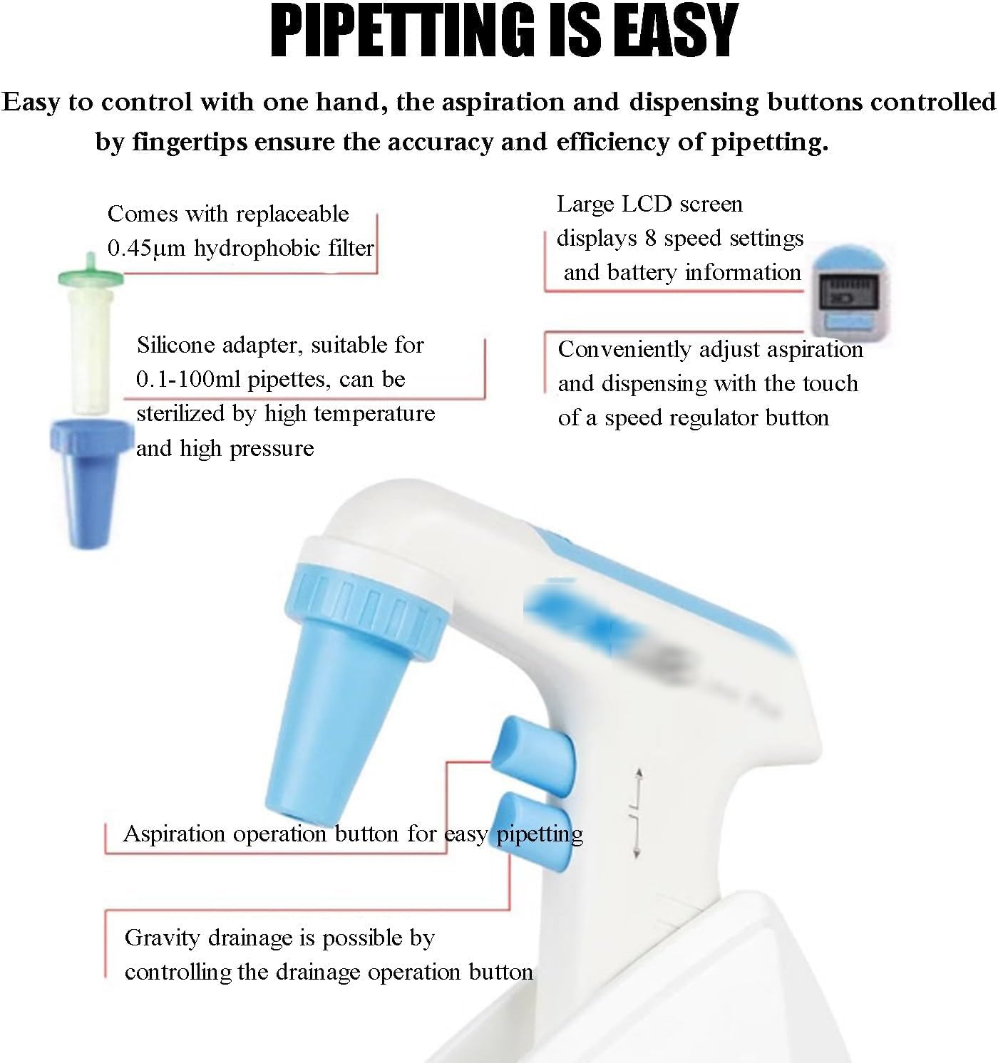 Digitale automatische Pipette, Elektrische Pipette, Einstellbare 8 Geschwindigkeiten, Genaue Flüssigkeitsextraktion, 2 Flüssigkeitsaufnahmemodi für Laborgebrauch