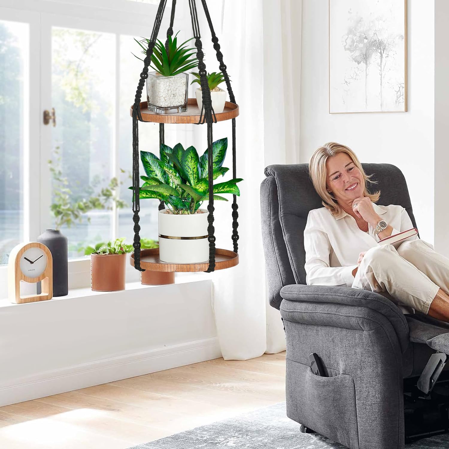 2 Tier Macrame Plant Hanger | Plant Hanger Indoor, Hanging Planter | Hanging Planter Shelf (Large, 12" Shelf)