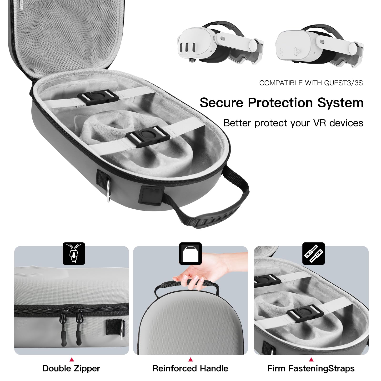 Hard Carrying Case Compatible with Oculus Meta Quest 3/3S,VR Headset Elite Strap and Touch Controller Accessories Carry Case,Hard Shell Travel Storage Bag (Grey) - 5