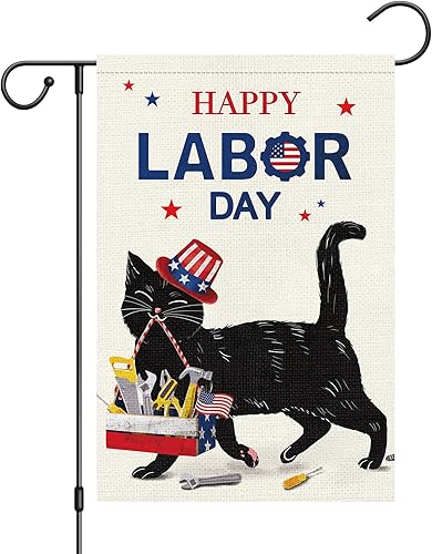 Louise Maelys Bandera de jardín con texto en inglés «Happy Labor Day» de doble cara vertical, arpillera con gato negro pequeño, jardín, patio, casa,