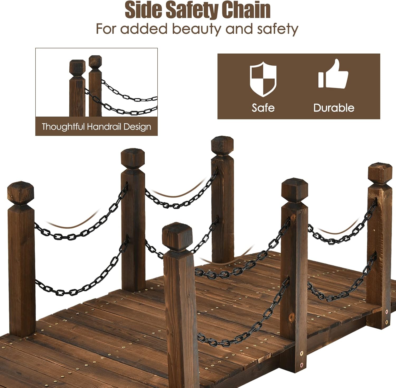 HAPPYGRILL 5FT Wooden Bridge with Safe Chain Railings, Outdoor Small Arc Pond Bridge, Decorative Fir Bridge for Landscaping Garden Pond Stream Courtyard