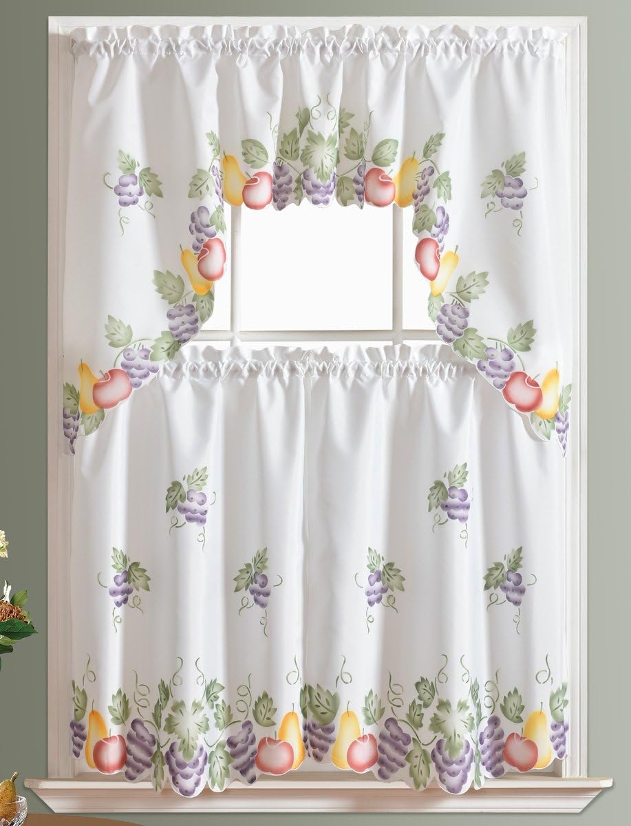 GOHD - 3pcs Kitchen Curtain/Cafe Curtain Set, Air-Brushed by Hand of Fruits Combo Design