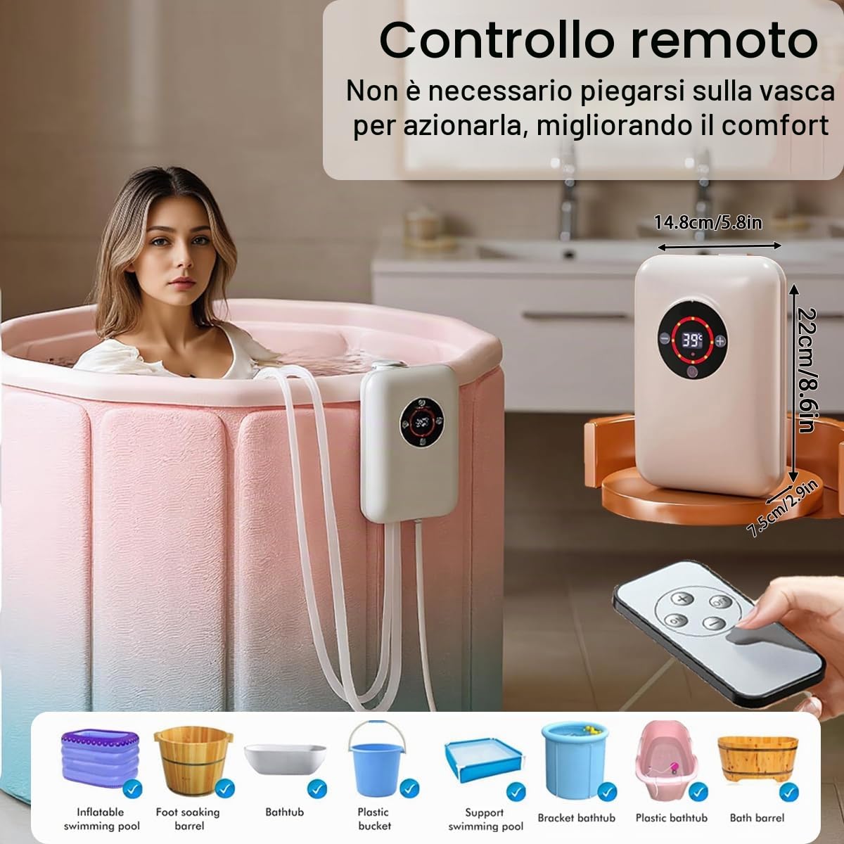 Vasca Da Bagno Portatile Per Adulti Riscaldatore - 1200W Riscaldatore Piscina，Con Protezione Contro Il Surriscaldamento，Mantiene Una Temperatura Dell'acqua Costante Da 30 A 43°C