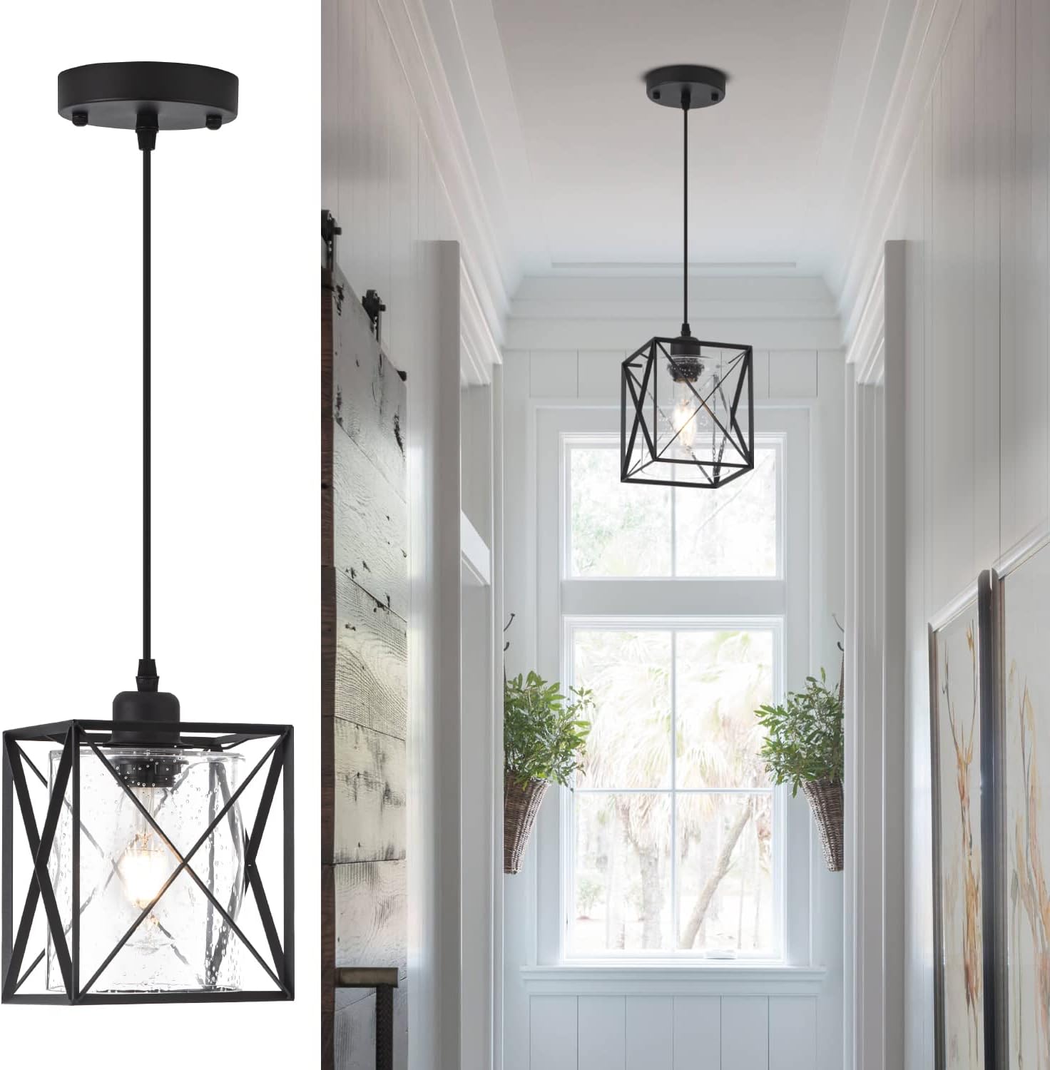 Farmhouse Black Pendant Light with Seeded Glass Industrial Cage Blown Clear Bubble Glass Hanging Lighting Adjustable Cord for Kitchen Island Over Sink Hallway