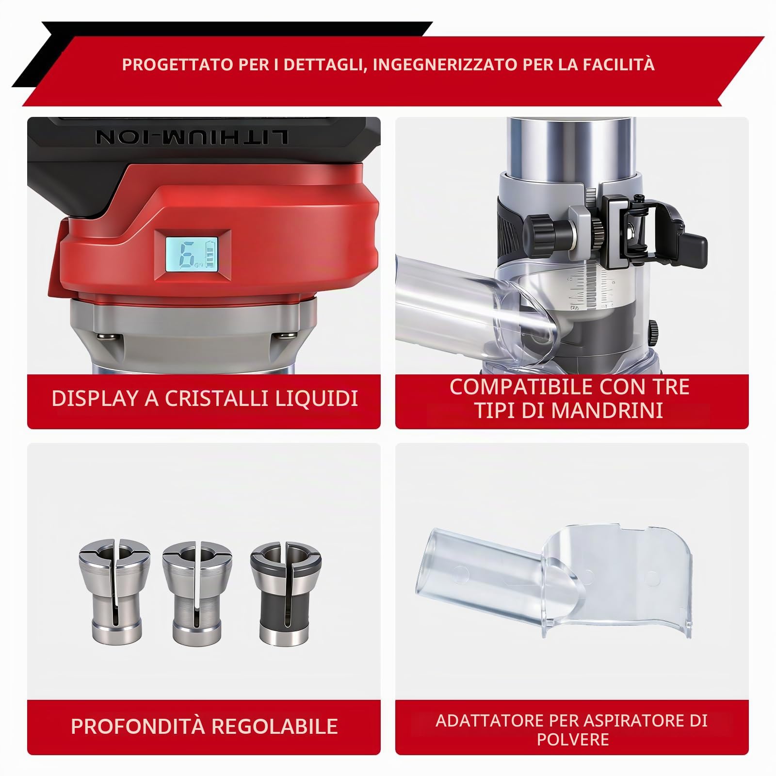 ONEVAN Fresatrice batteria, profondità 30mm, con 3 pinze e 2x 3,0Ah | 6 velocità, brushless, display digitale, pinze 6/6,35/8 mm, collegabile all'aspiratore [produzione di mobili] [fai-da-te]
