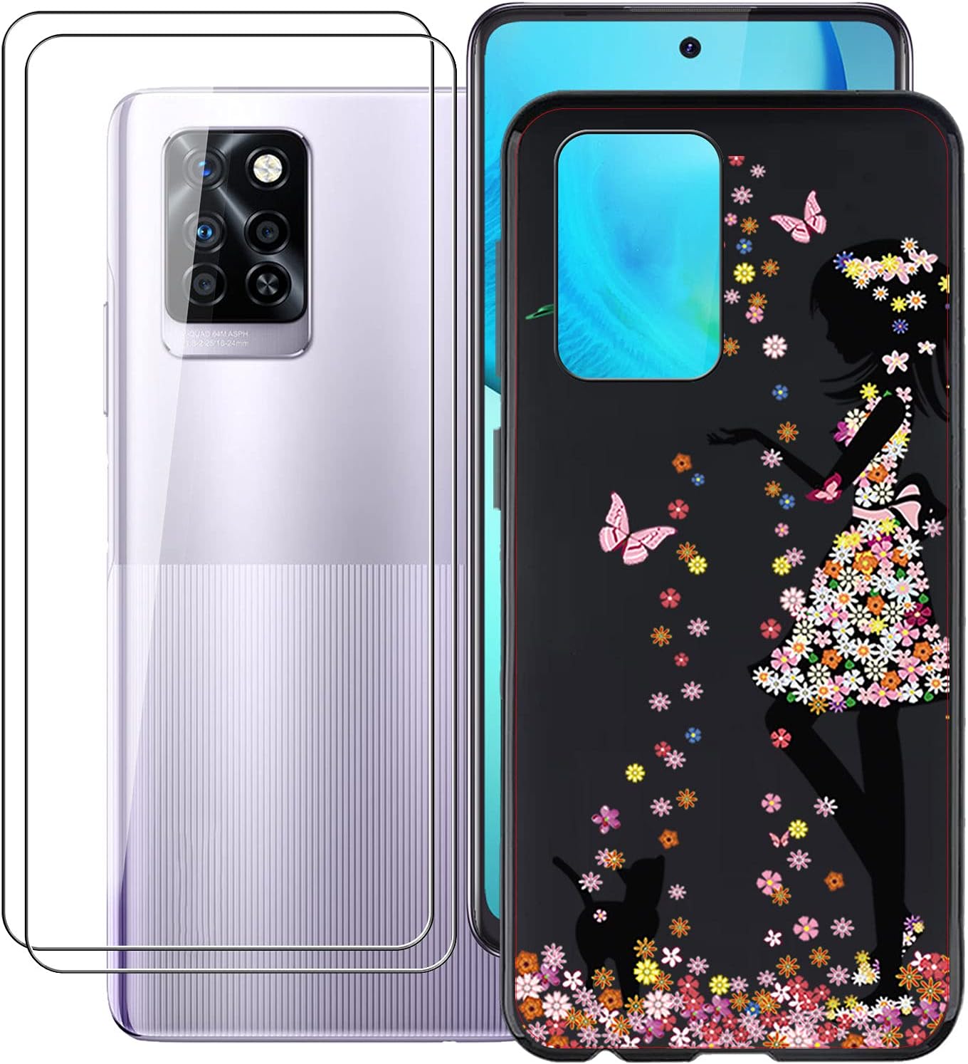 Case for Infinix Note 10 Pro (6.95 inch) with 2 X Tempered Glass Screen Protector, Slim Black Shock Absorption Non-slip Soft Silicone TPU Cover Case for Infinix Note 10 Pro - WM49