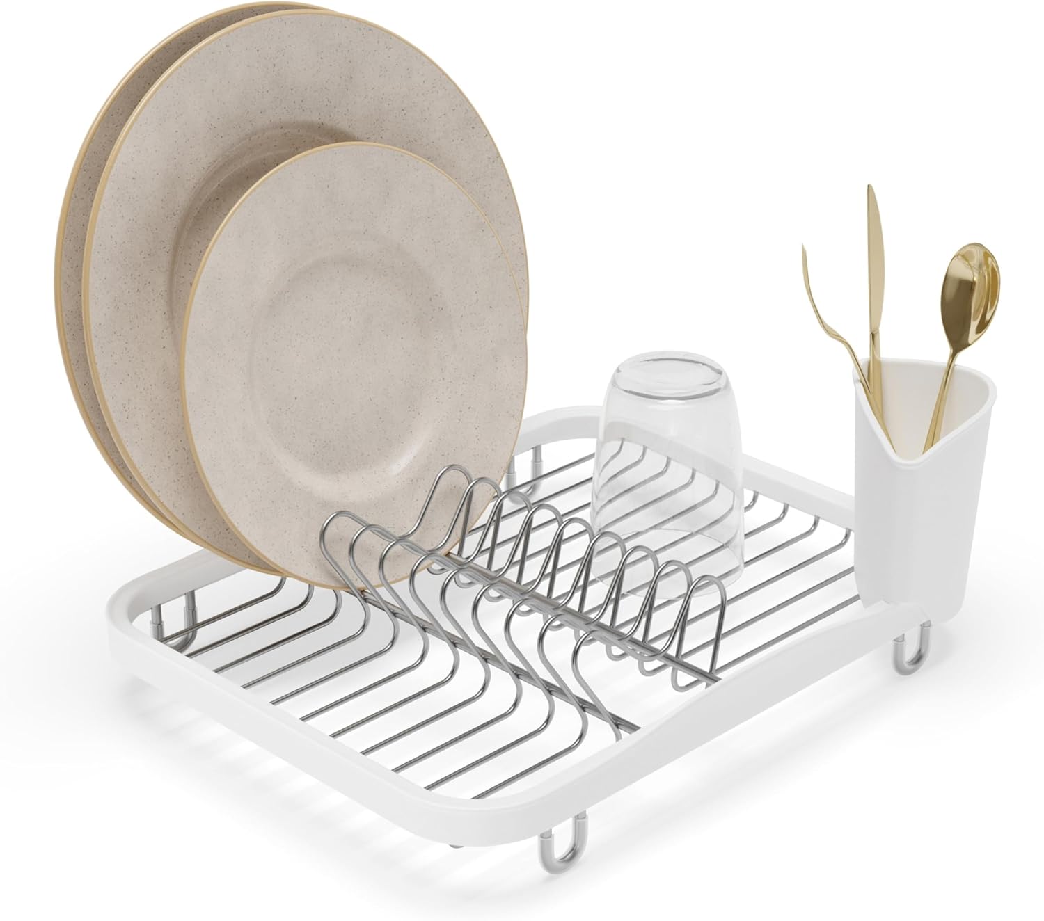 Umbra Sinkin Dish Drying Rack – Drainer with Cup Holders and Removable Cutlery Caddy – Use Over Sink, in Sink, or On Counter, Deluxe, Black/Nickel
