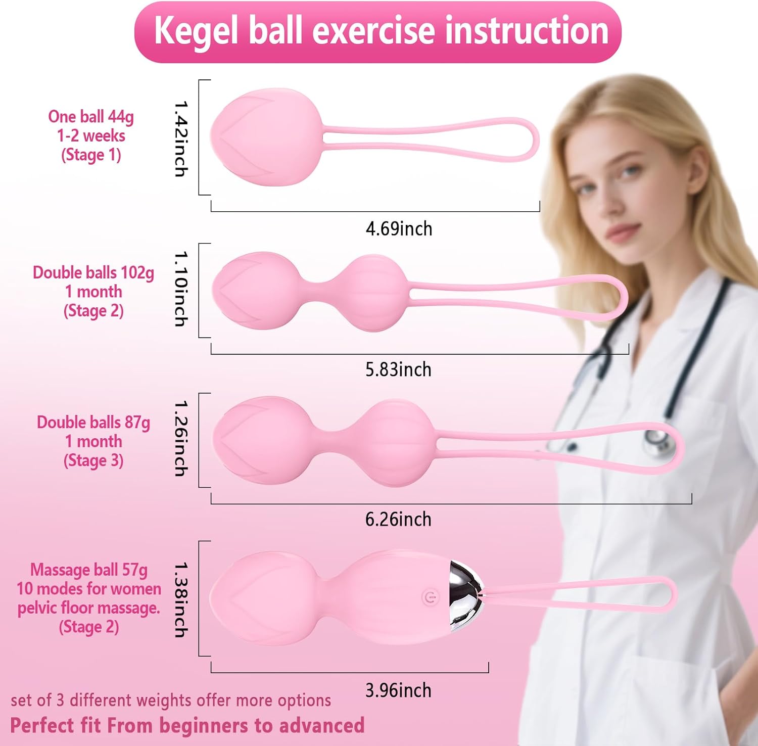 4 Kegel Balls for Women Tightening Exercise Set, Different Kegel Weights for Pelvic Floor Muscle, Pelvic Floor Trainer System for Beginners & Advance (Pink)