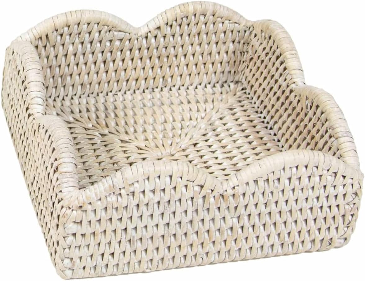 Caspari Rattan Scalloped Luncheon Napkin Holder in Cream – Handwoven Rattan, Rustic Tabletop Organizer for 6.5"–7" Napkins, 7.5"W x 7.5"L x 2.5"H, 1 Count
