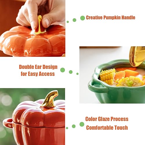 Miniatura 4 de Lindo cuenco, cuenco de cerámica de calabaza con tapa, apto para microondas y lavavajillas, postre o sopa con asa, vajilla decorativa para Acción de