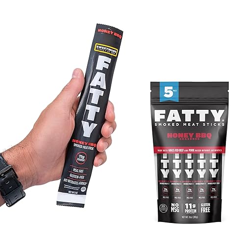 FATTY Meat Sticks, Made with Grass Fed Beef, Pork Raised Without Antibiotics, 11g Protein Per Stick, Honey BBQ, Stocking Stuffer, 2 oz. (Pack of 5)