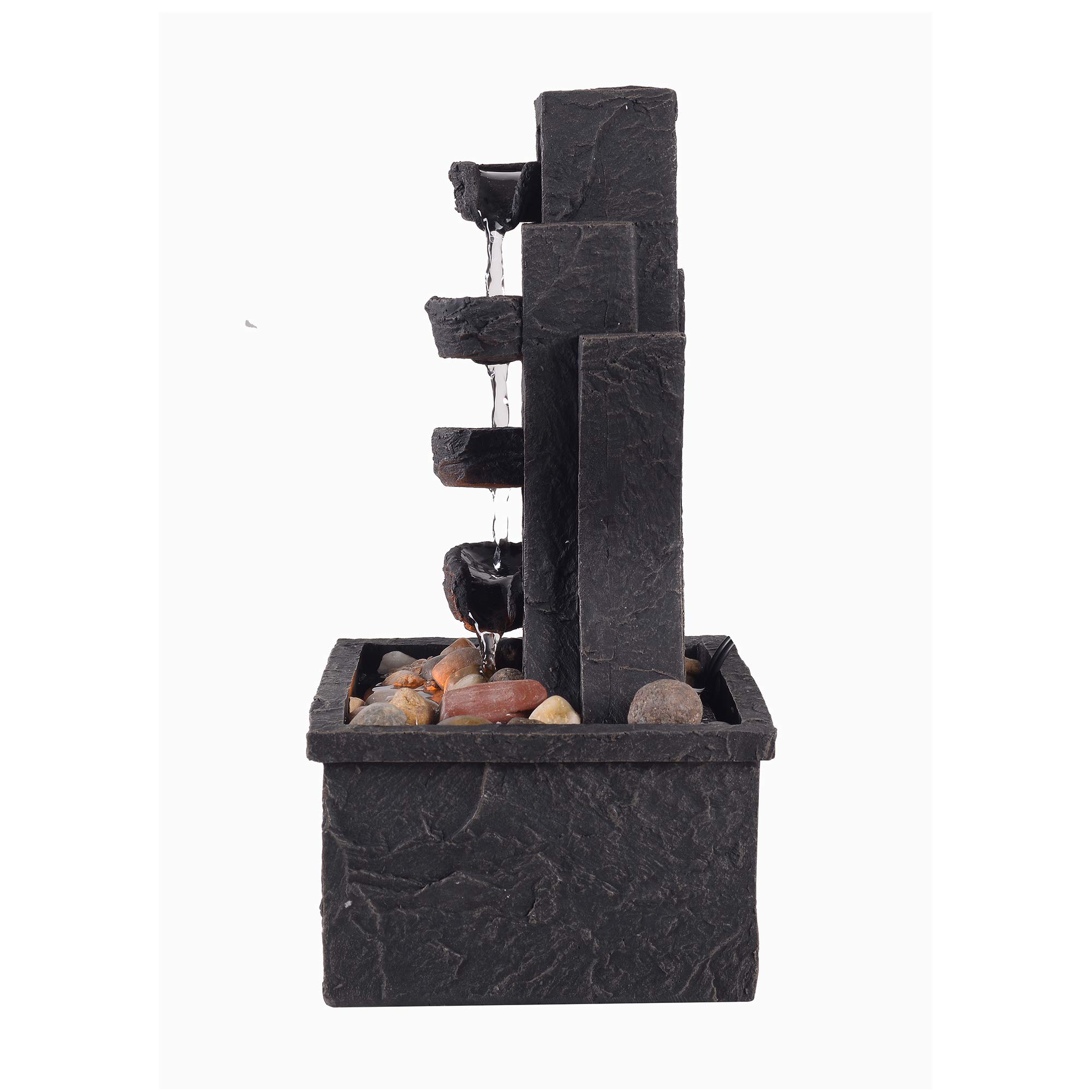 Teamson Home Fontana D'Acqua da Tavolo per Interni, Piccola Mini Fontana d'Acqua Zen, Ornamento Moderno a Cascata da Scrivania con Luci e Pompa, Grigio