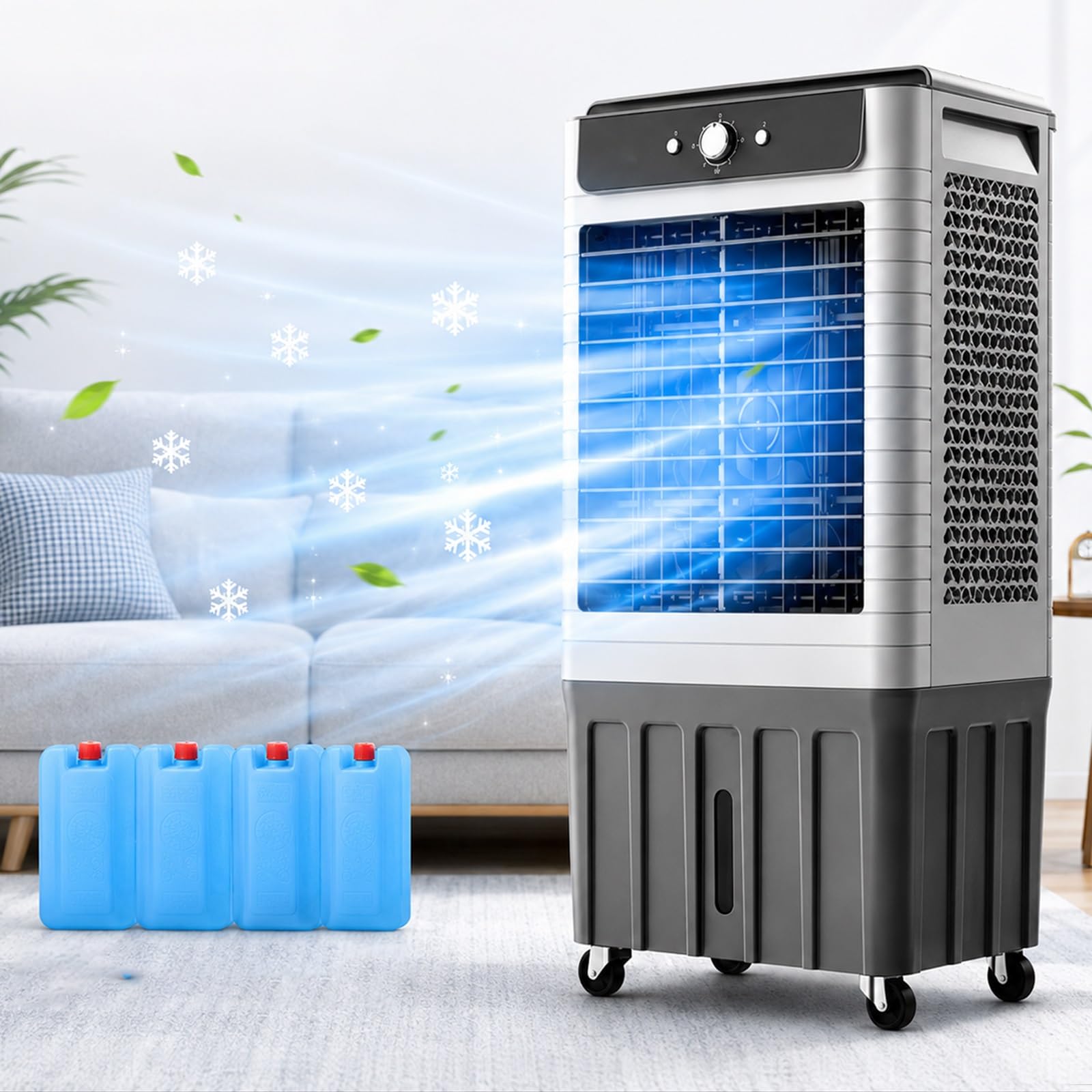 WPWSDWMX Evaporative Cooler Swamp Cooler, 120°Oscillation 3 Speeds Garage Cooling Fan with 4 Ice Packs, Rolling Wheels