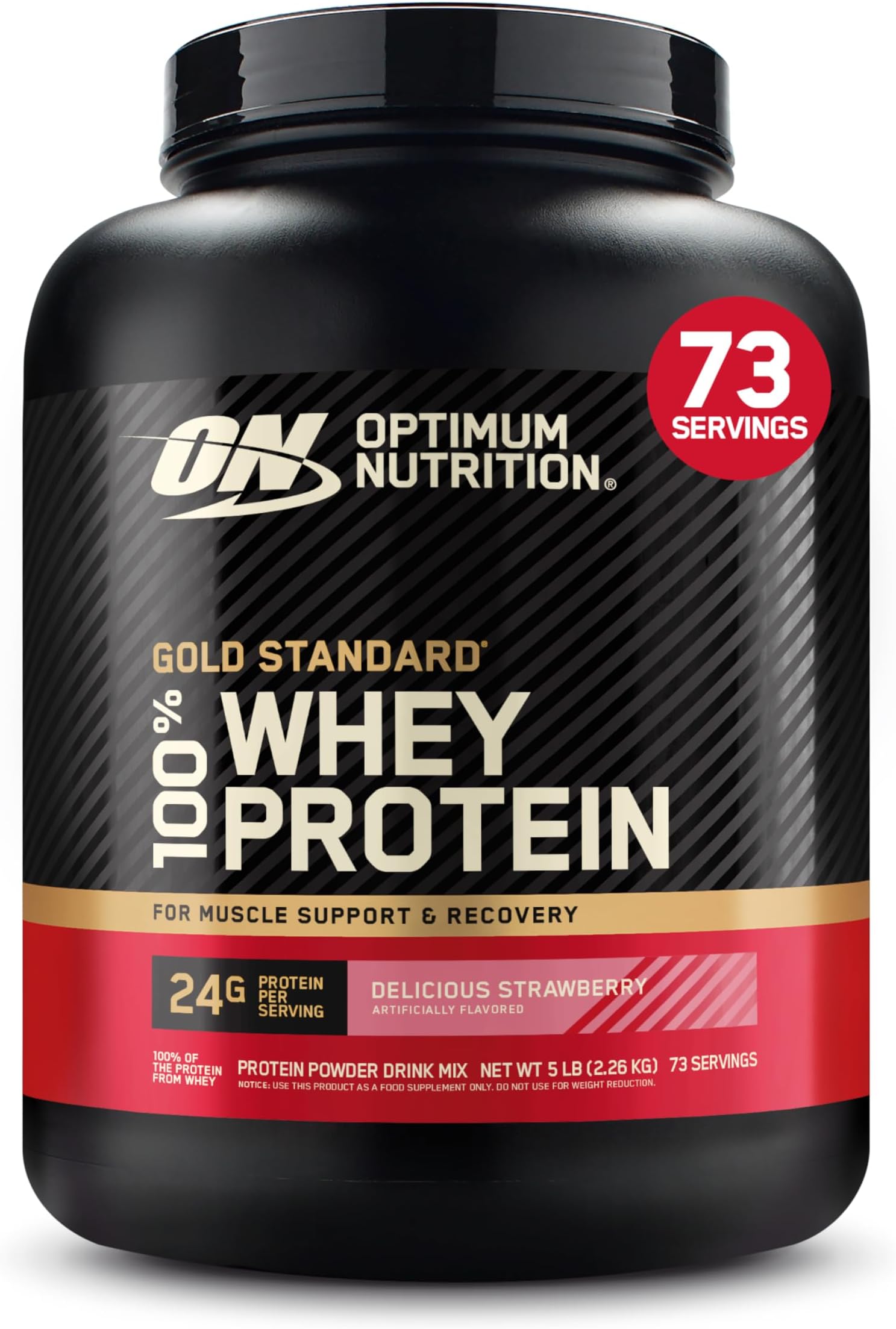 (ON) Gold Standard 100% Whey Protein Powder Primary Source Isolate, 24 Grams of Protein for Muscle Support and Recovery - Delicious Strawberry, 5 Lbs, 73 Servings (2.27 KG)