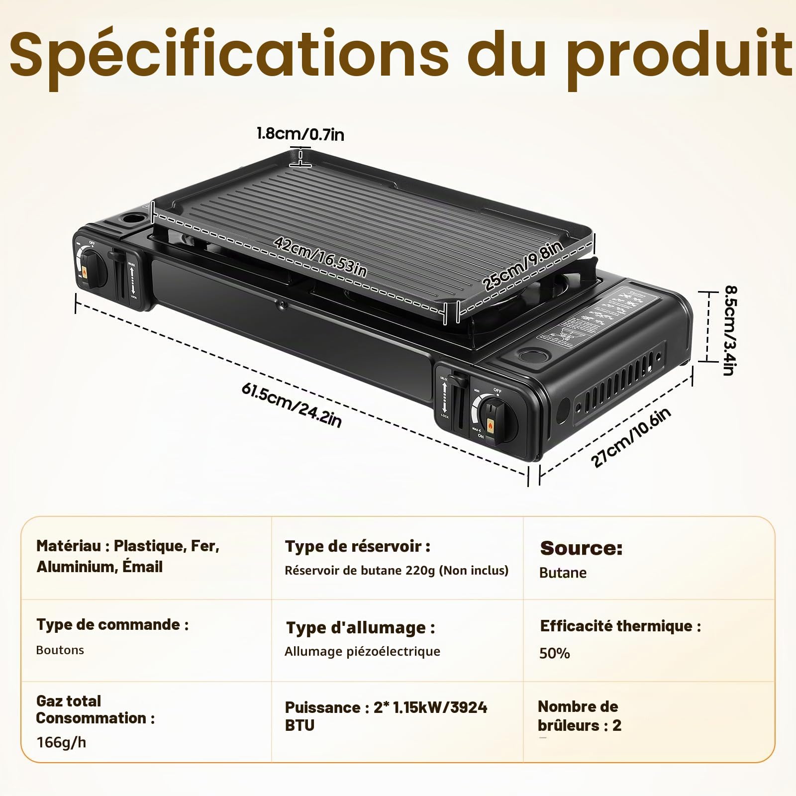 Réchaud à gaz portable pour camping - 2 feux - Puissance de feu réglable - Avec coque de barbecue - Avec serrure de sécurité - Pour camping, randonnée, pique-nique, barbecue, 64 x 27,8 x 8 cm