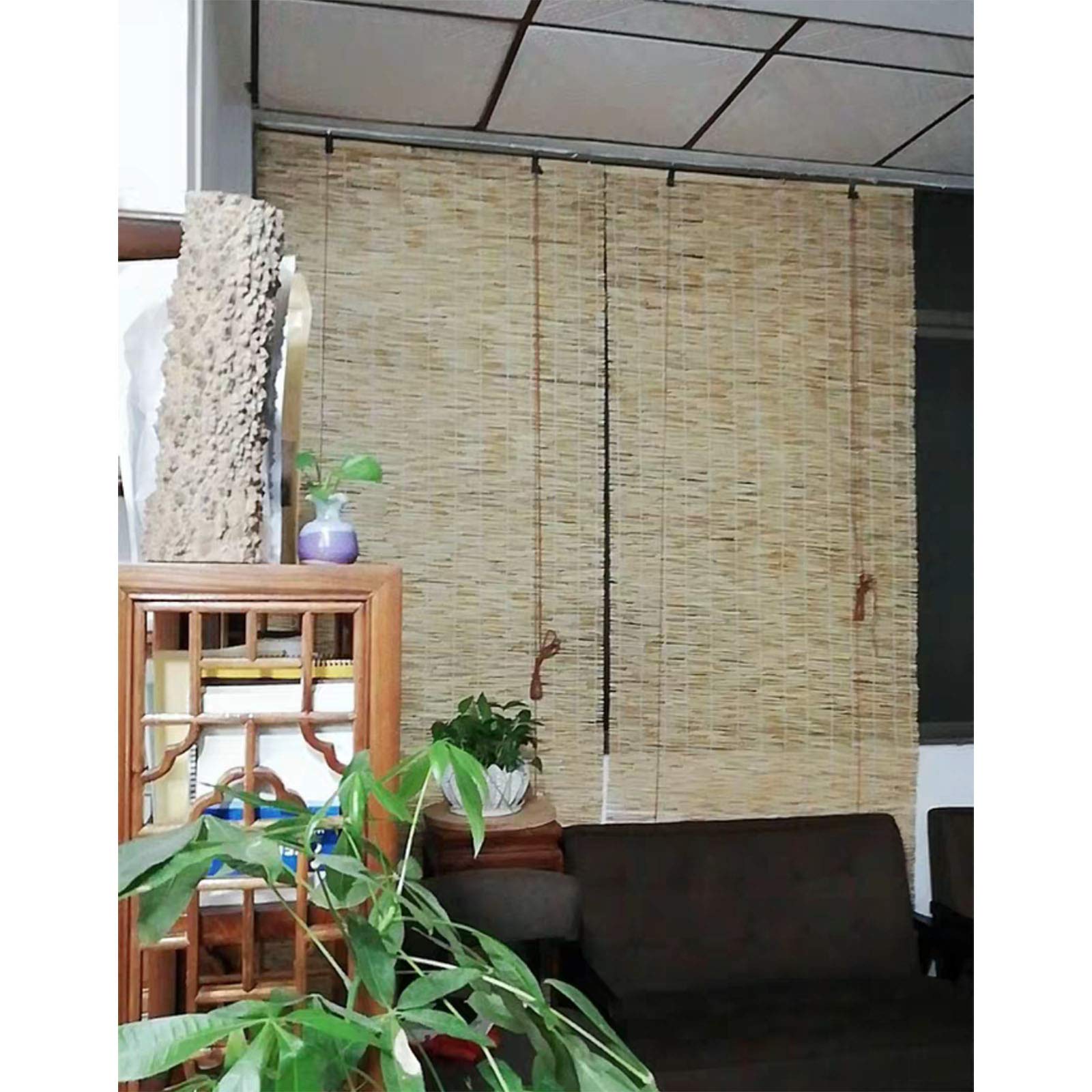 Rideau en roseau naturel tissé à la main pour fenêtres rétro imperméable en bambou avec paille sur mesure pour intérieur/extérieur/balcon 130 x 300 cm