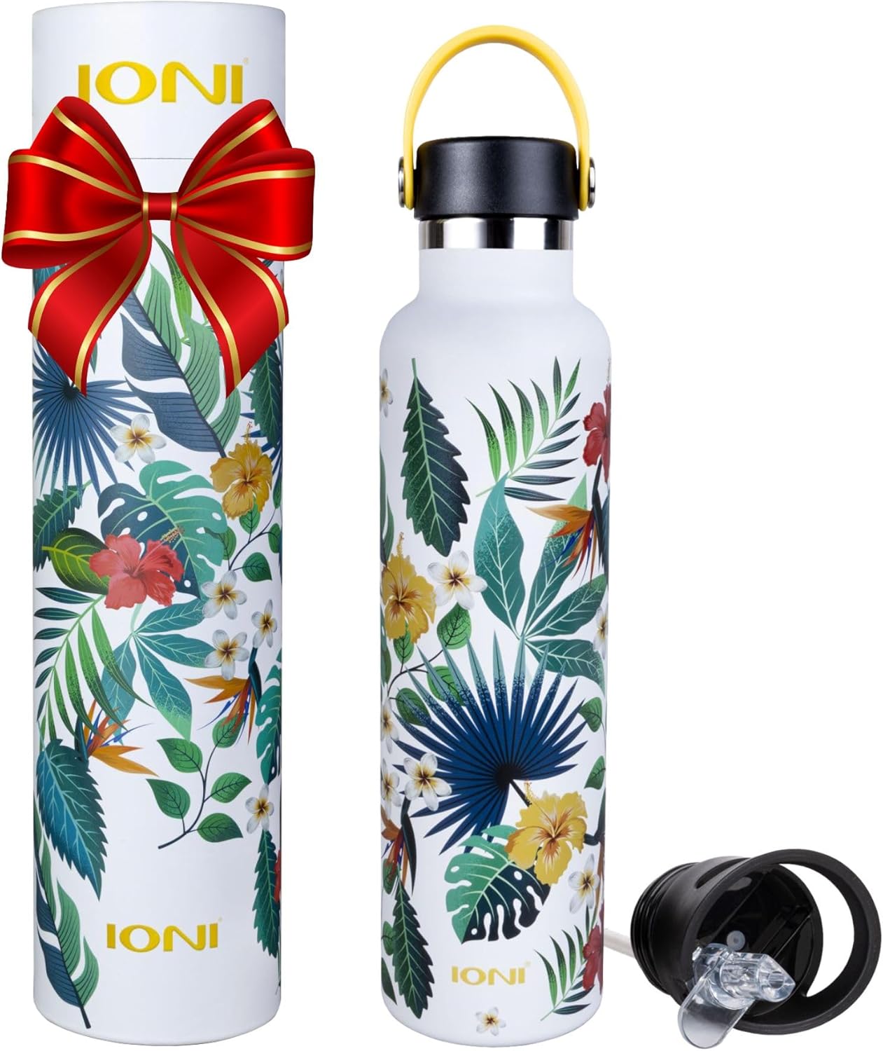 IONI Water Bottle for Women 24oz (2 Lids) - Designer White Tropical Art - BPA Free Stainless Steel Insulated Leakproof - Girls Fashion Bottle - Aesthetic Insulated with Straw
