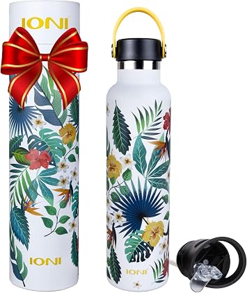 IONI Water Bottle for Women 24oz 2 Lids - Designer White Tropical Art - BPA Free Stainless Steel Insulated Leakproof - Girls Fashion Bottle - Aesthetic Insulated with Straw