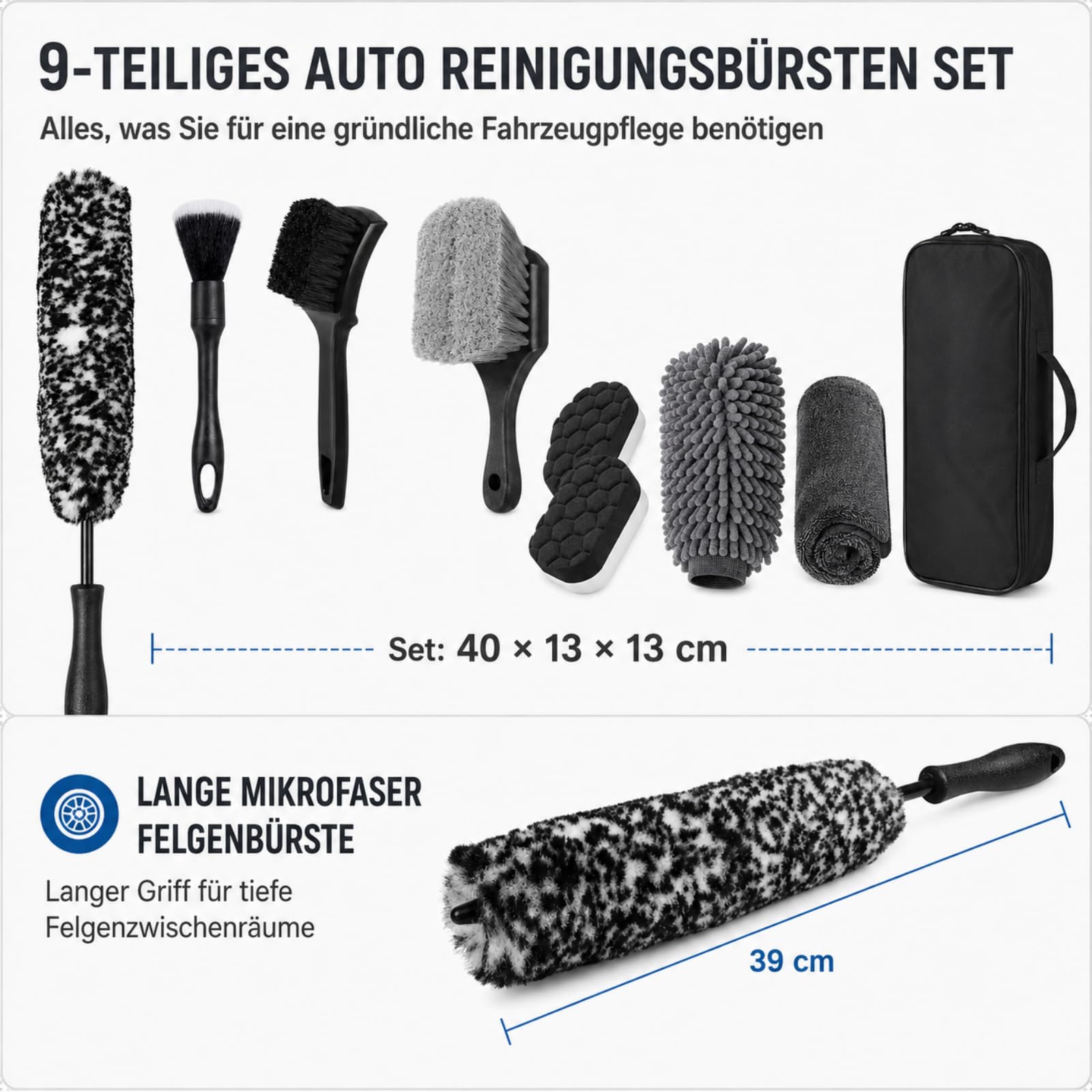 Autoreinigungsset 9er Pack Radbürsten Set mit weichen Borsten