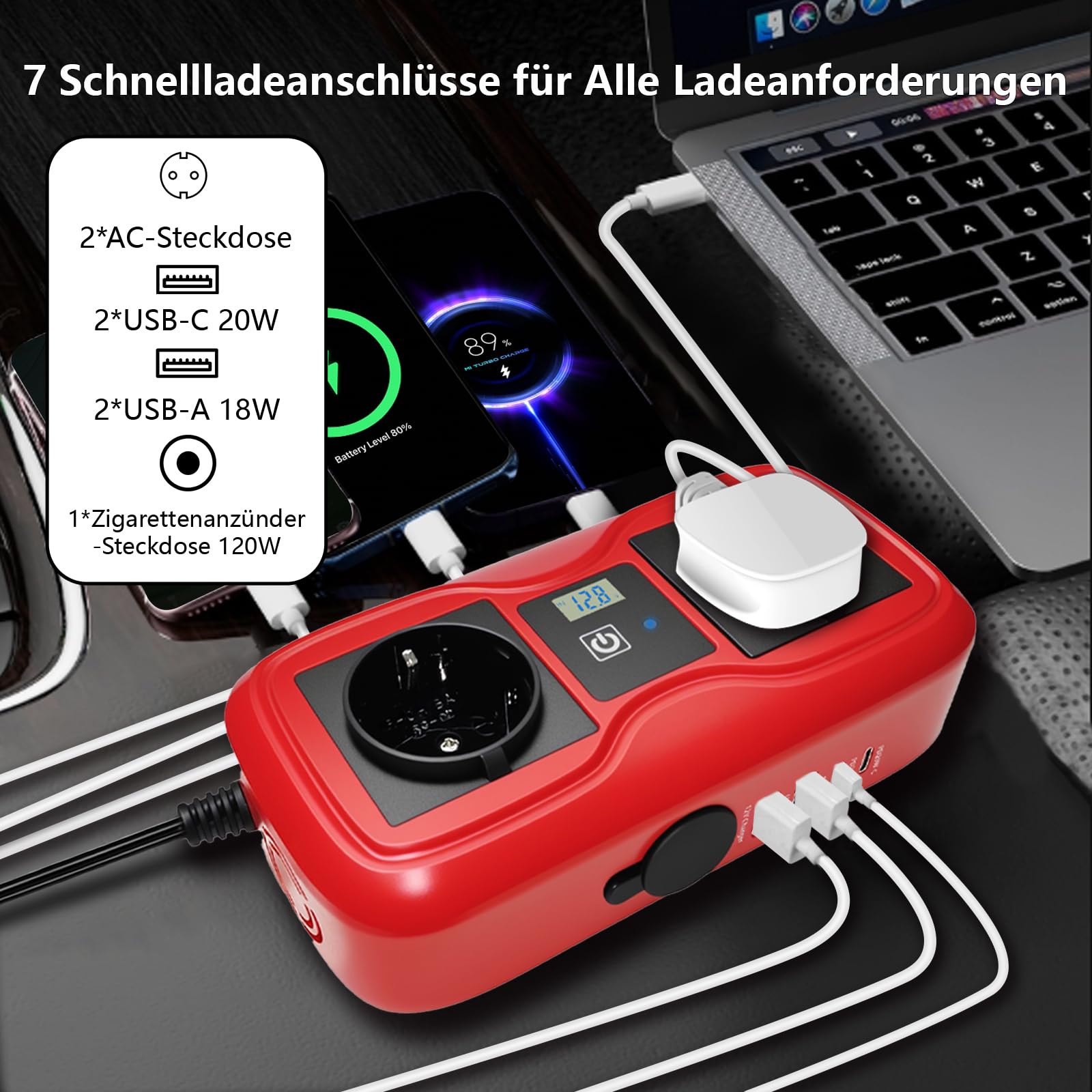 200W Auto Wechselrichter 12 V auf 220-230 V, SZSSTH-Spannungswandler 2 USB-A / 2 Typ-C (5V 3A), Stromwandler mit Zigarettenanzünder, Wechselrichter für Mobiltelefone, Laptops und Camping
