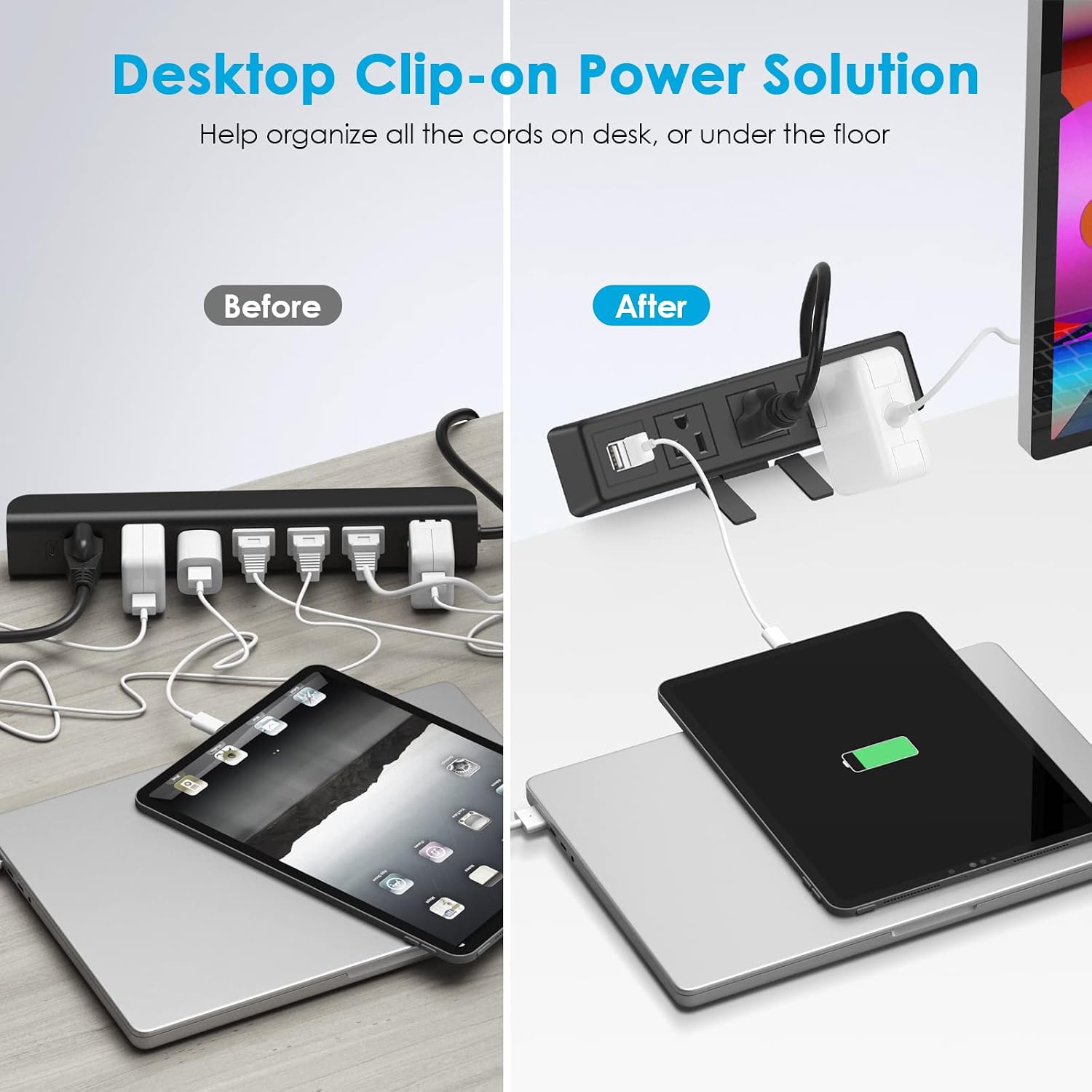 3 AC Outlet Desk Clamp Power Strip, Desk Mount USB Charging Power Station, Removable Desktop Edge Power Center Plugs Output 125V/60HZ/12A/1500W, USB 5V/4A 6.56FT Cable