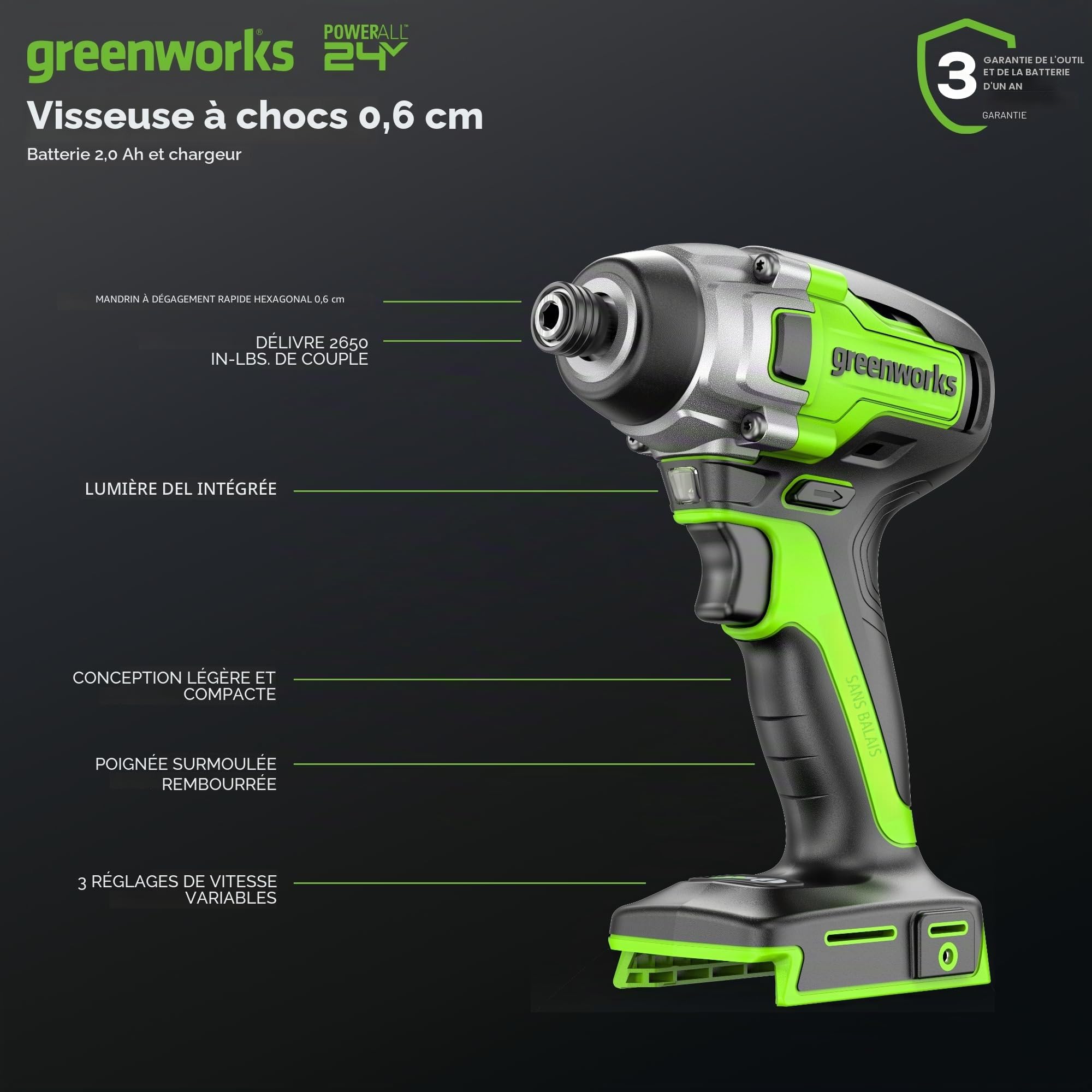 Greenworks Marteau perforateur 24 V 2J et visseuse à percussion Combo 300 Nm, avec batterie 4 Ah et chargeur