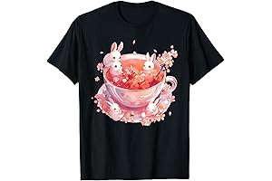 Aesthetic Kawaii Bunny T-Shirt with Tea and Cherry Blossoms