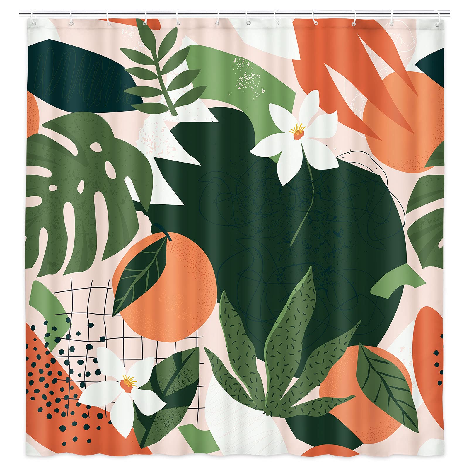JAWO Orange Floral Fabric Shower Curtain, Pink Green Exotic Jungle Fruits and Plants Shower Curtain with Hooks, Cute Shower Curtain 69W X 70L Inch