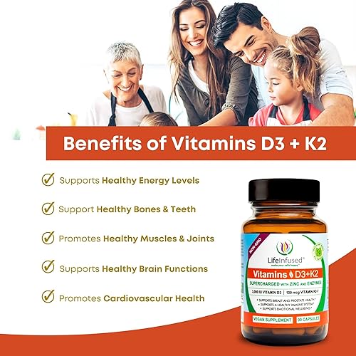 Miniatura 3 de Life Infused Vitamina D3 + K2 sobrecargada con zinc y enzimas, ayuda a mantener un sistema inmunológico saludable, salud ósea, bienestar emocional,
