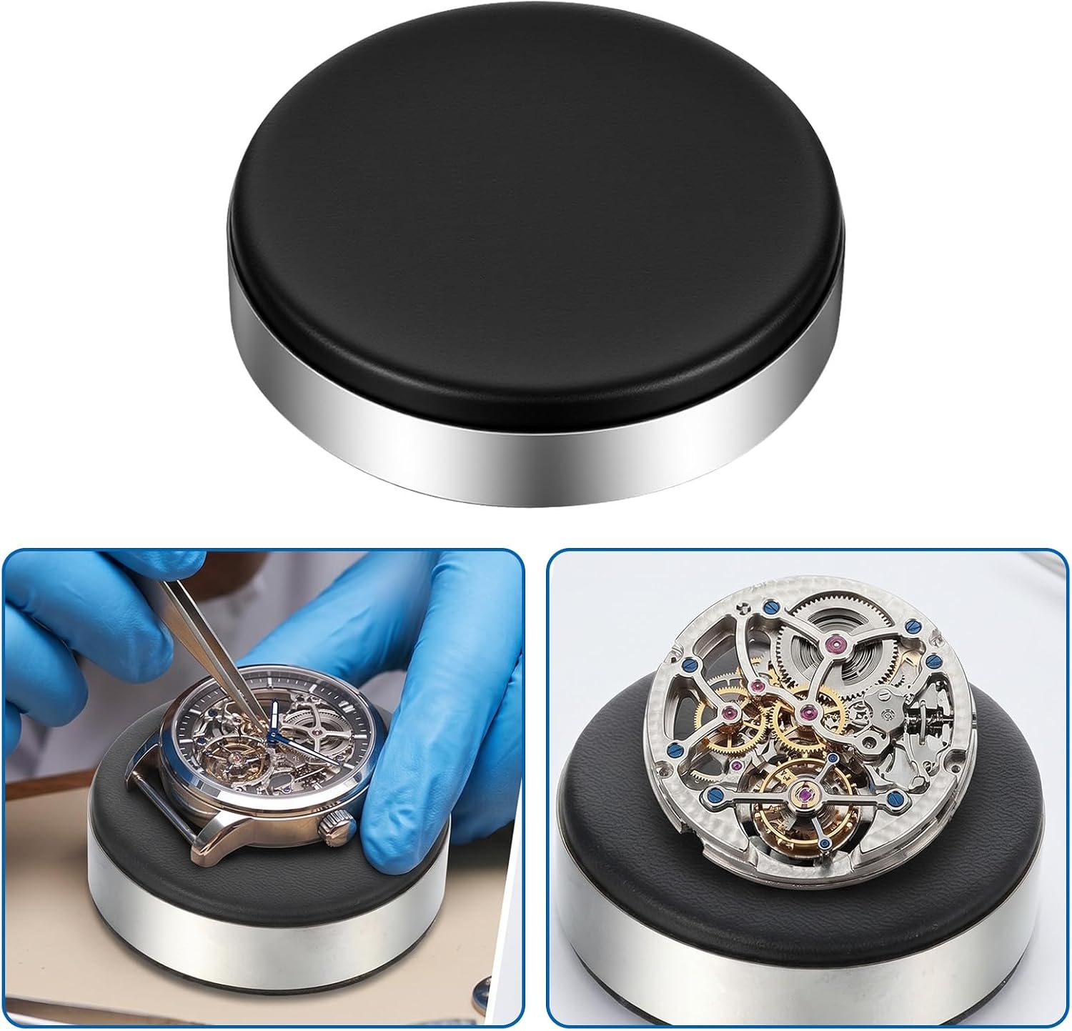 Watch Cushion & 5-Piece Watch Hand Tool,Round Leather Watches Movement Holder,Non-Slip Watches Tool Kit for Hobbyists & Professionals