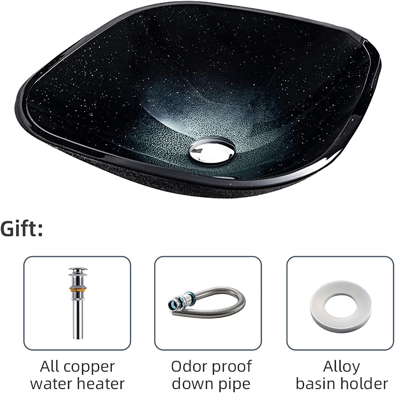 Bathroom Vessel Sink, Square Tempered Glass Vessel Sink Black Starry Gradient Artistic Vessel Bowl Sink Countertop Installation Vanity Vessel Sink, 420×420×135mm,Single Sink