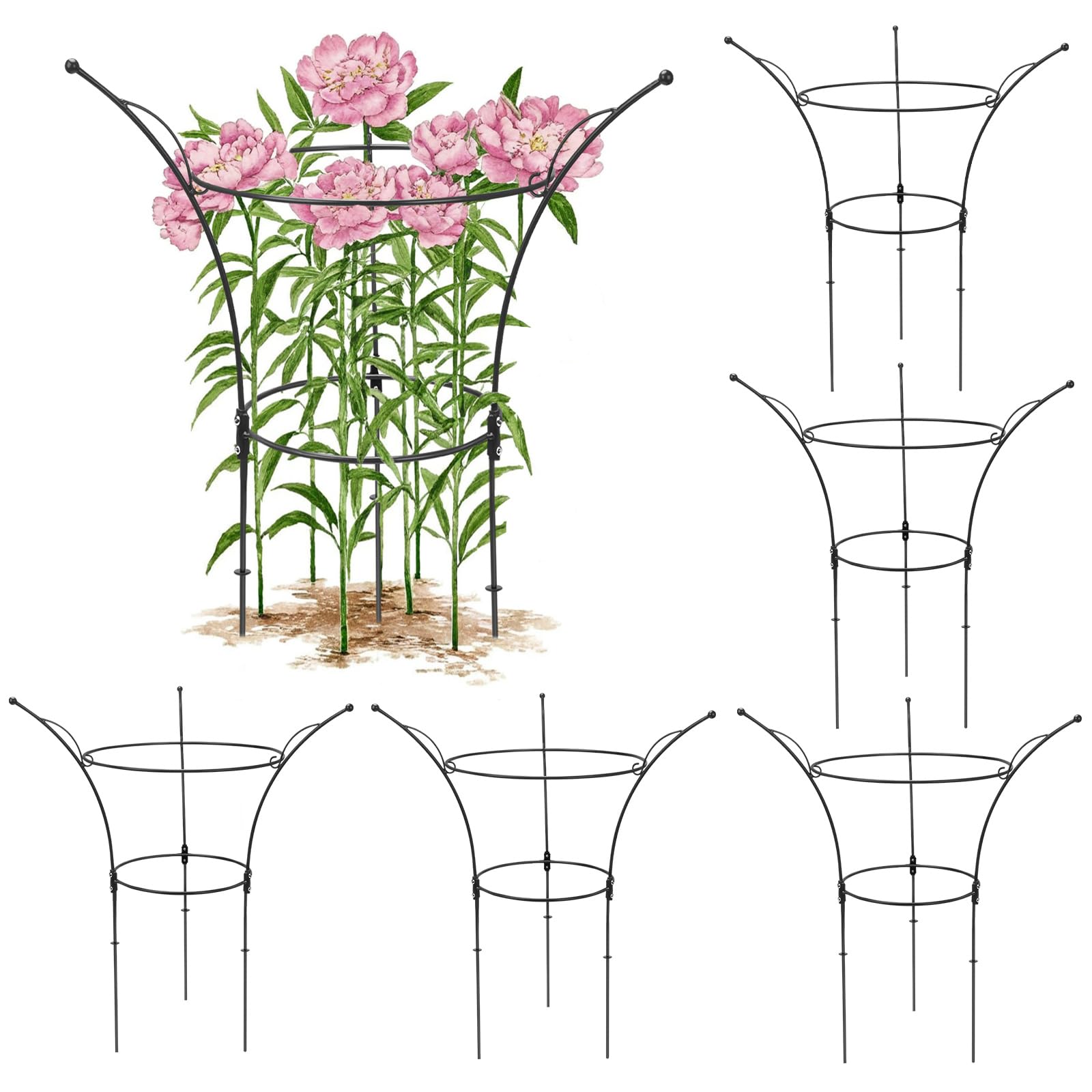 Photo 1 of HEYTIMI 6 Pack Peony Cages and Supports Cages 13" D x 22.8" H Heavy Duty Metal Support Frame for Peonies & Roses Natural Bouquet Shape Garden Stakes for Outdoor Plants Flowers Ornamental (Black)
