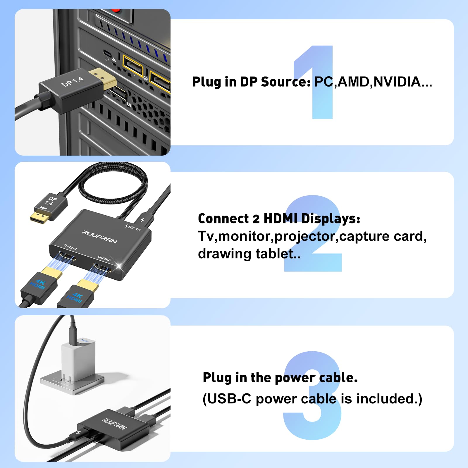 Adaptateur DisplayPort vers double HDMI 4K @ 60 Hz, source DP 1.4 vers HDMI 2.0 pour deux écrans, répartiteur DisplayPort vers HDMI 1 entrée 2 sorties écran étendu, pour PC, NVIDIA, carte