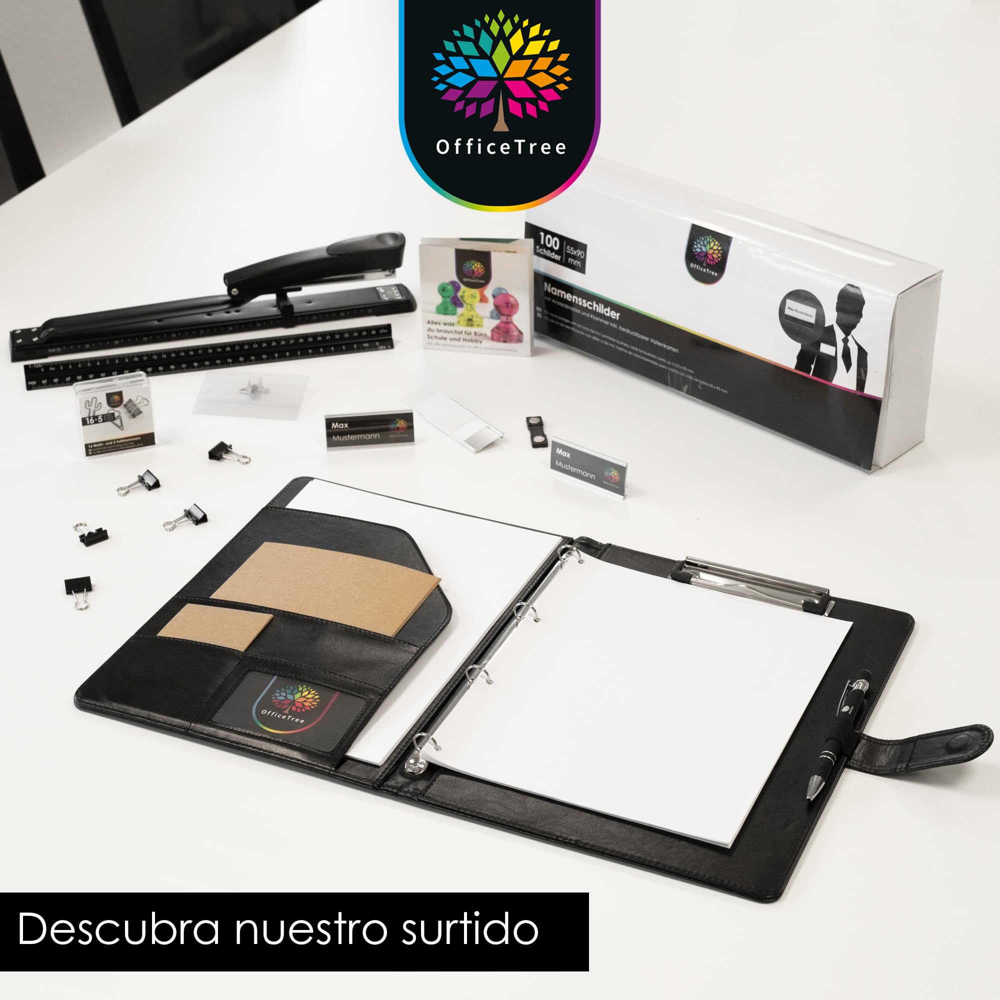 OfficeTree Portadocumentos A4 Con Bloc de Notas y Bolígrafo Negro - Carpeta de Conferencia Con Anillas - Organizador Portapapeles DIN A4 - Portafolios Negro