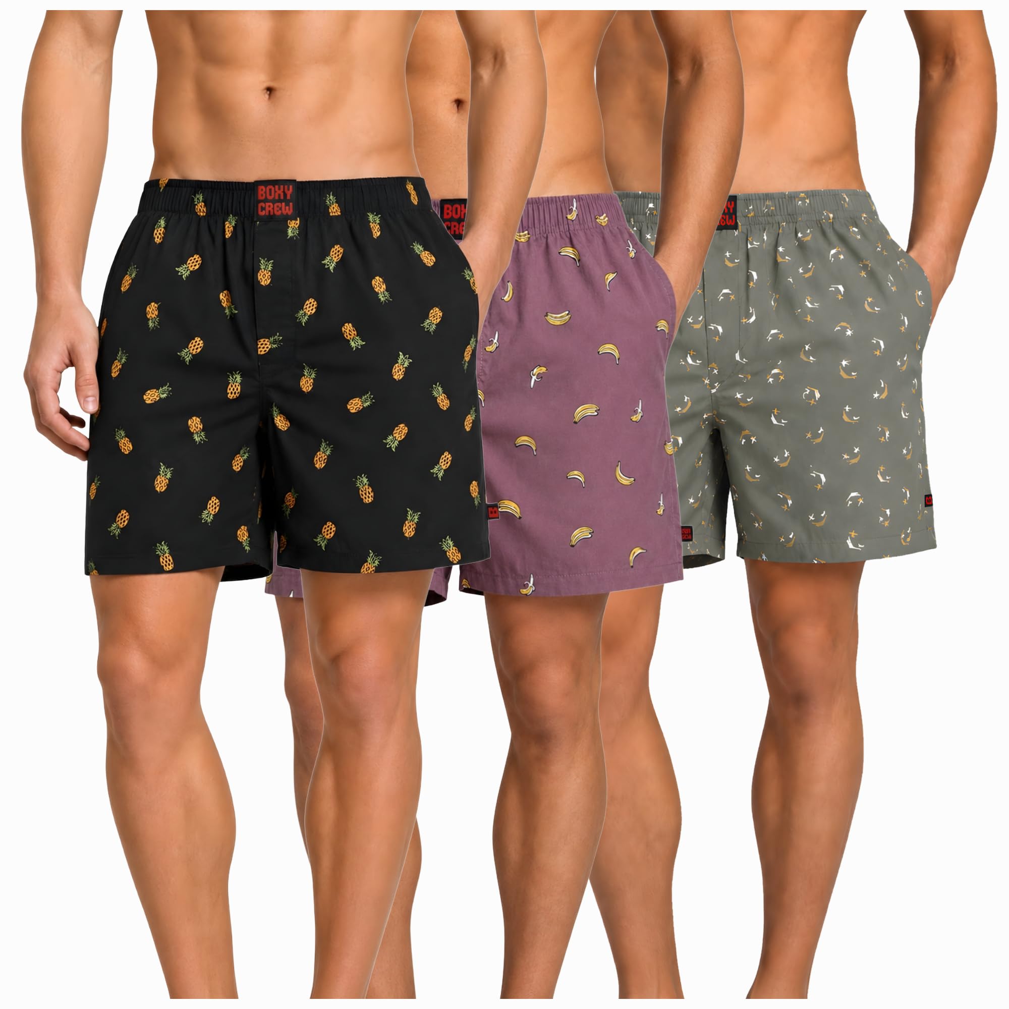 Men's 100% Cotton Boxer Shorts Pack of 3, Charcoal, Rose Pink & Green | Woven Boxers with Side Pockets, No-Marks Elastic Waistband, Breathable Relaxed Fit | Style 004-006-008-image-24