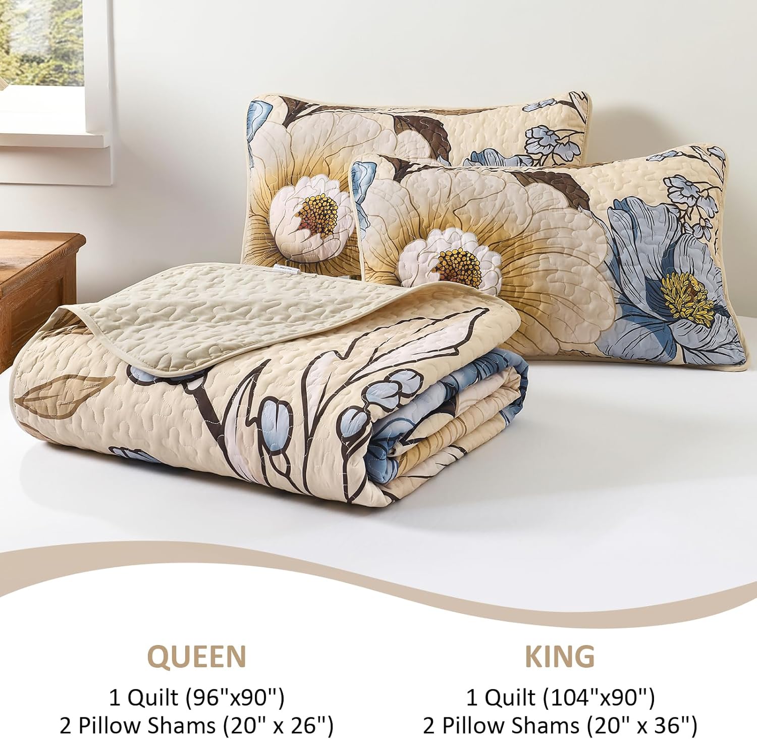 Dintszyayue Khaki Quilt Set Queen,3 Pieces Beige Floral Bedspreads Lightweight Coverlet Set for All Seasons, Reversible Quilted Printed Bedding Set with 2 Pillow Shams - Image 7