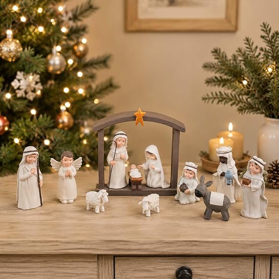 12 Piece Nativity Set, Resin Indoor Christmas Manger Scene