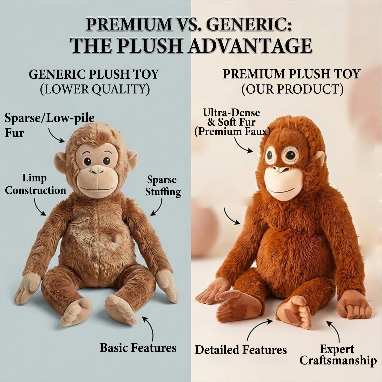 Punch Monkey - Peluche de orangután de 66 cm, ultrasuave, Respetuoso con el Medio Ambiente, Lavable, Relleno de algodón PP, Seguro para niños, Realista