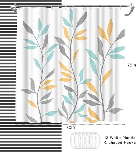 Miniatura 4 de Welmeco Cortina de ducha amarilla con hojas botánicas, cortina de ducha amarilla para decoración de baño, tela de poliéster, 72 x 72 pulgadas