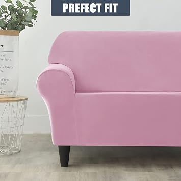 Stretch Sofa Slipcover, Soft Thick Velvet Couch Sofa Cover Furniture Protector with Elastic Bottom for Pets & Kids (Pink, L)