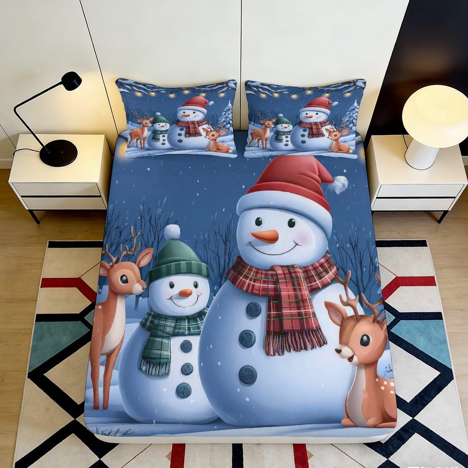 3D Printed Snowman Reindeer Fitted Sheet Microfiber Winter Night Mattress Cover for Bedroom Guest Room Easy Care 140x200x25cm