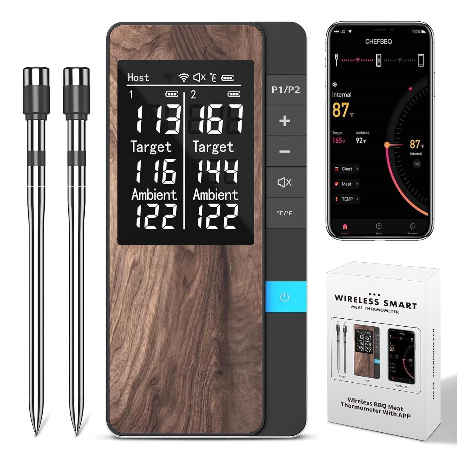 Pakinui Fleischthermometer Kabellos, Meat Grill Thermometer Mit Doppelsonde, Bluetooth Grillthermometer mit App, IP67 Wasserdicht Bratenthermometer Kabellos für Backofen Grill Smoker