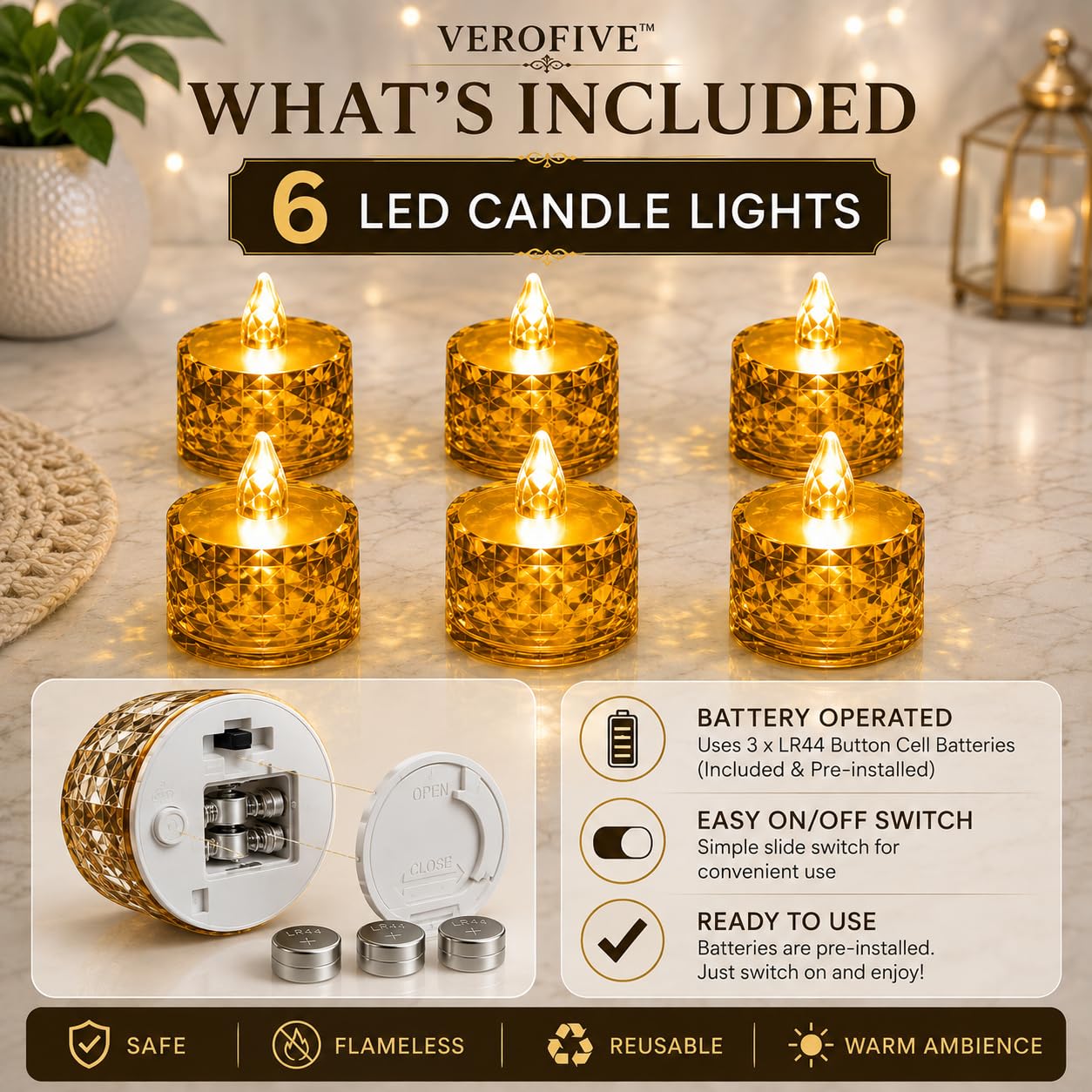 Crystal LED Tea Lights - Pack of 6 -3 Crystal LED Tea Lights - Pack of 6 -3