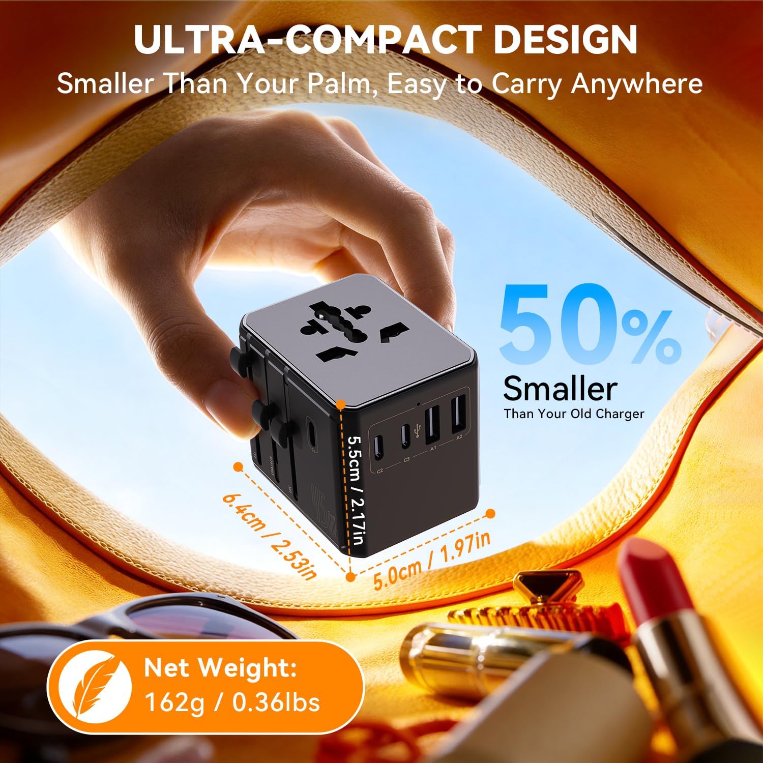 Auxmir Universal Travel Adapter, 45W PD Fast Charging Travel Plug Adapter | 3 USB‑C, 2 USB‑A, 3 AC Outlets, Compact GaN Design, Dual‑Fuse, Fire‑Resistant, Safety Shutters, Black