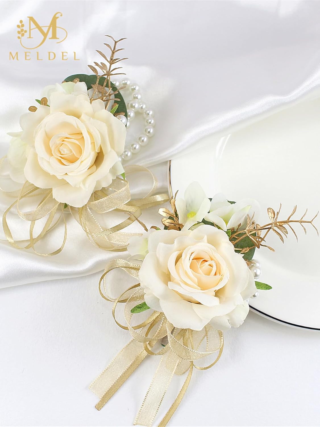 Meldel Champagne Corsage and Boutonniere Set,Boutonniere for Men,Groomsmen and Groom Boutonniere for Wedding,Rose Wrist Corsages Bracelets for Mother of Bride,Bridesmaids,Girls,Women,Prom,Homecoming - Image 3
