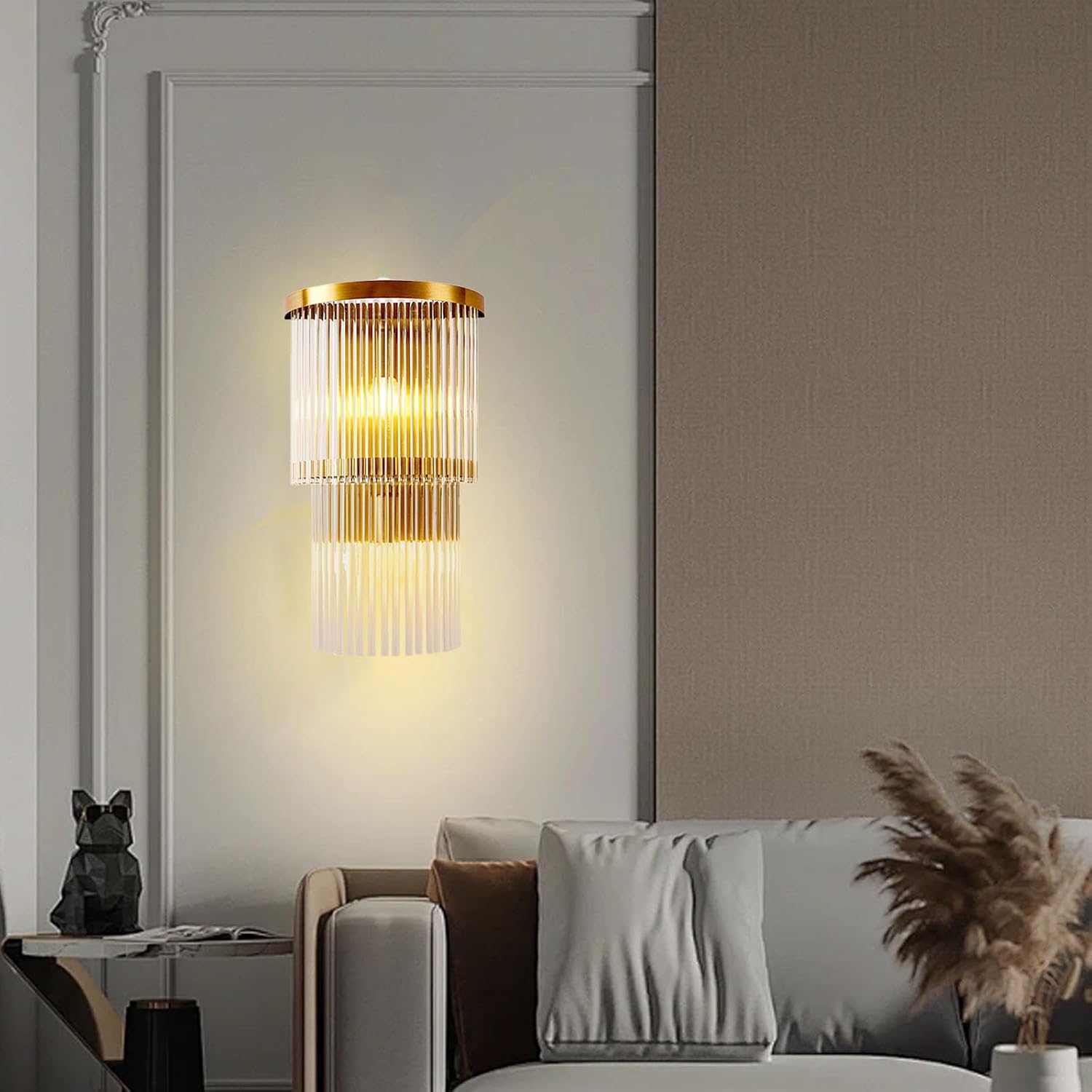Modern Double-Layered Gold Crystal Wall Sconce Light, E14 LED Luxury Wall Lamp with Gold-Finish Stainless Steel Frame for Bedroom, Living Room, Hotel