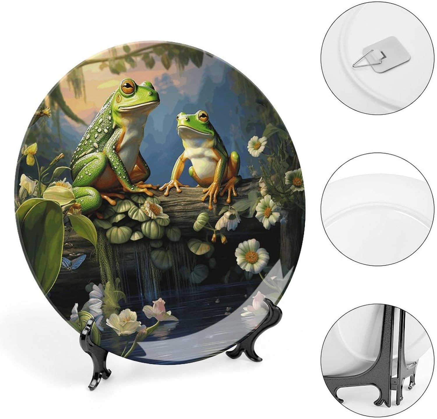 Bone China Decorative Plate for Wall, Personalized Many Frogs Sing on The Branches Summer Butterflies Lake Water Plates with Display Stand, Chinese Style Decorative Dish 10inch for Living Room, Hallwa