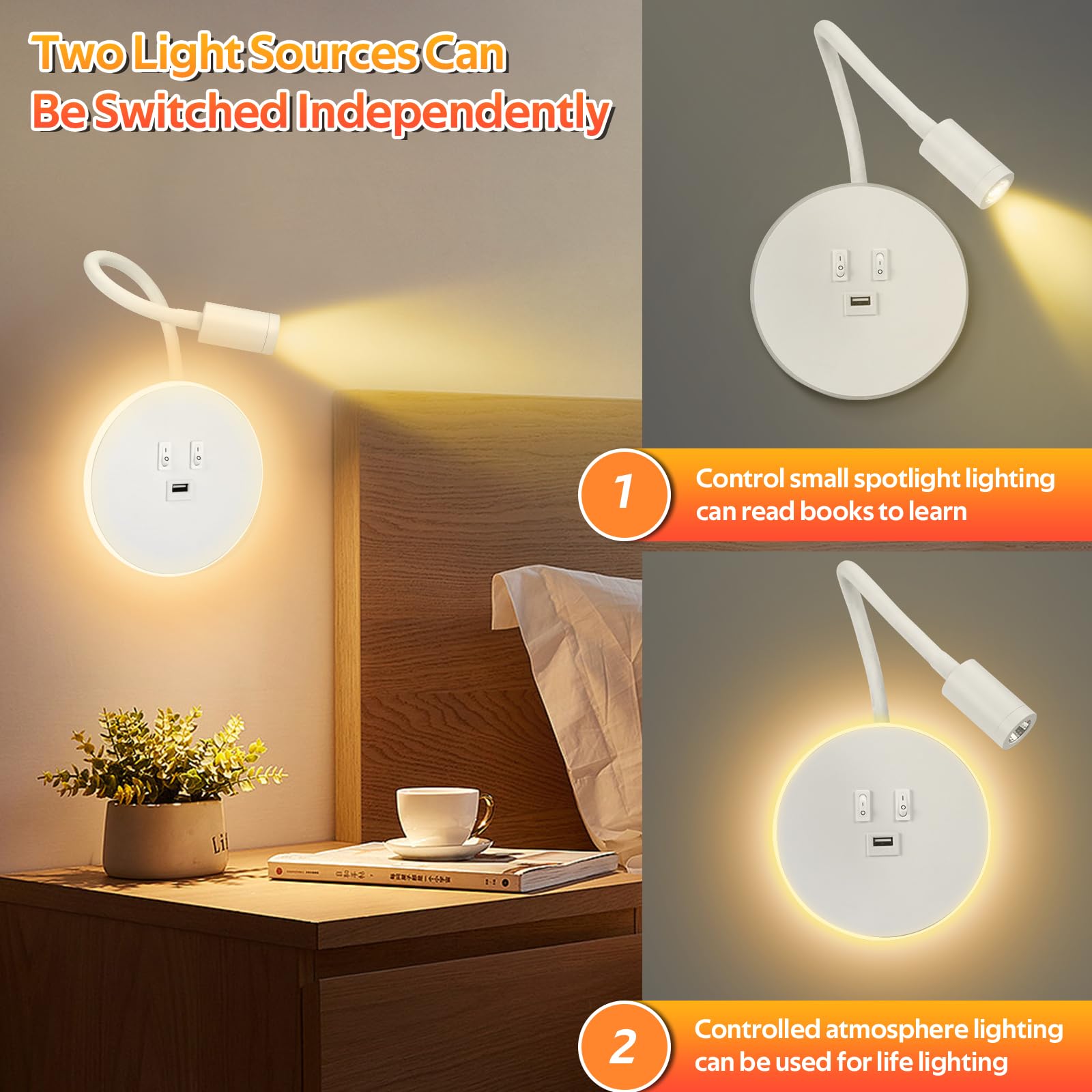 Weigudoc Lampada da Parete a LED Lampada a Collo di Cigno Flessibile, 2 Pezzi Faretto da Lettura a Muro 3W + 9W, Applique da Letto con Porta di Ricarica e Interruttore (Bianco)